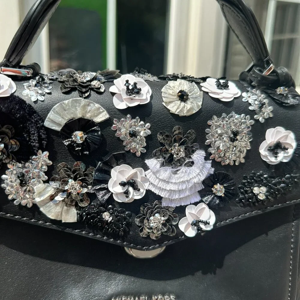 NWT Michael Kors Leather Bristol Embellish Floral Satchel, Black, White, Silver - Picture 5 of 10